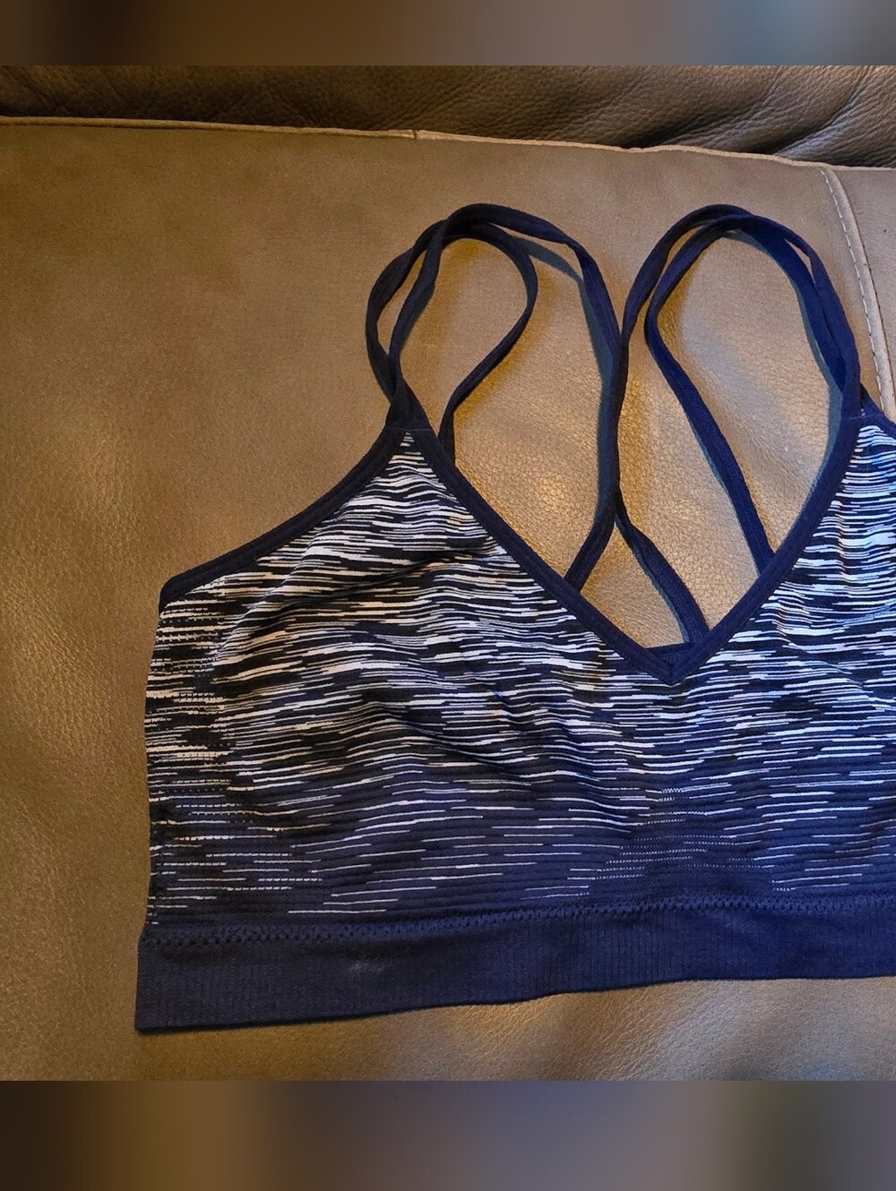 Strappy Navy and White Space-Dye Sports Bra - Women